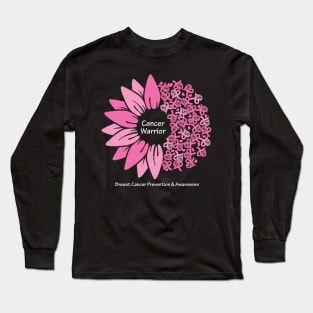 Breast cancer warrior with flower, hearts, ribbons & white type Long Sleeve T-Shirt